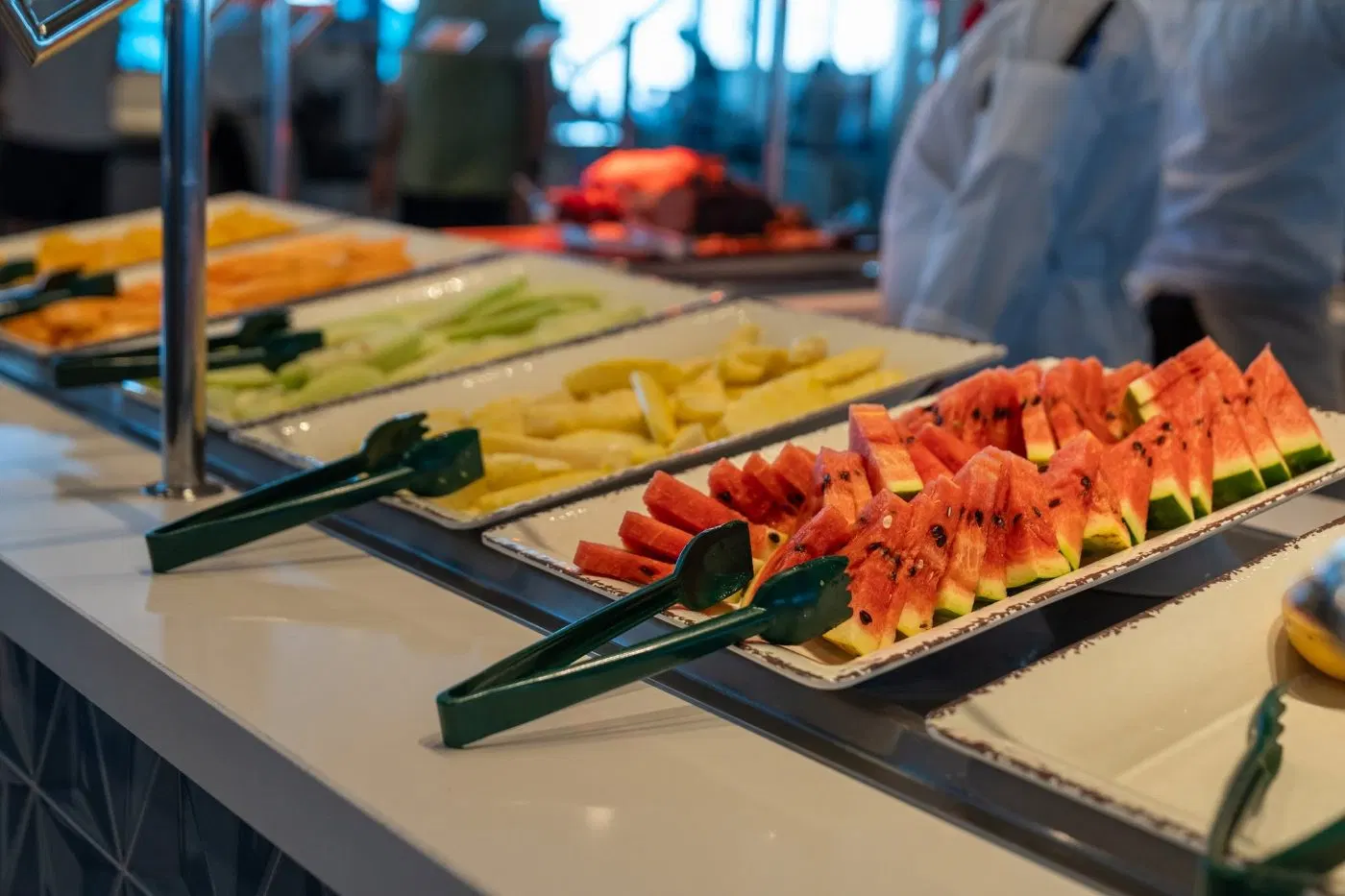 Fresh fruit laid out on the buffet at breakfast